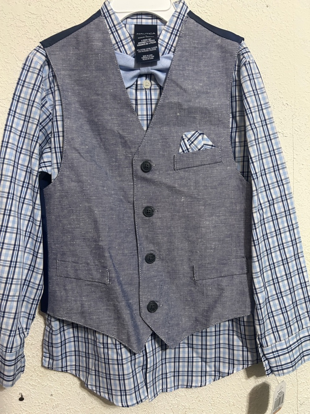 Nautica Blue Plaid Shirt with Light Blue Vest and Bow Tie 419.18